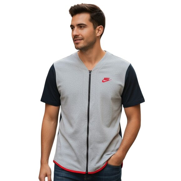 Nike AV-15 Jersey Mens L Gray Full Zip V-Neck Fleece Baseball Style Y2K Sporty - Picture 1 of 15